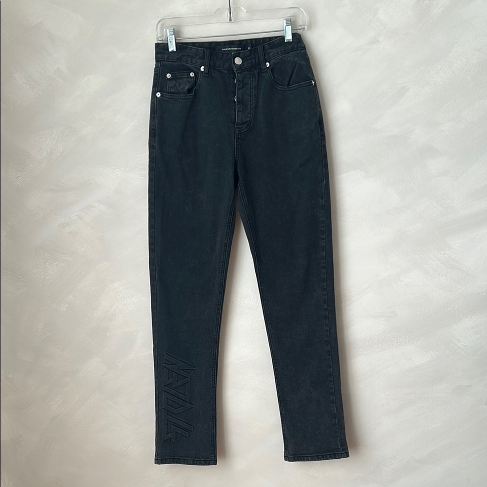 Stolen Girlfriends Club high rise taper black jeans with embossed leg sz XS